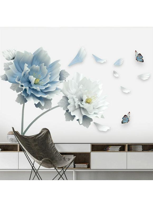 OIENS 23.6X35.5In 3D Large White Blue Flower Lotus Butterfly Removable Wall Stickers Wall Art Decals Mural Art For Living Room Bedroom Home Decor