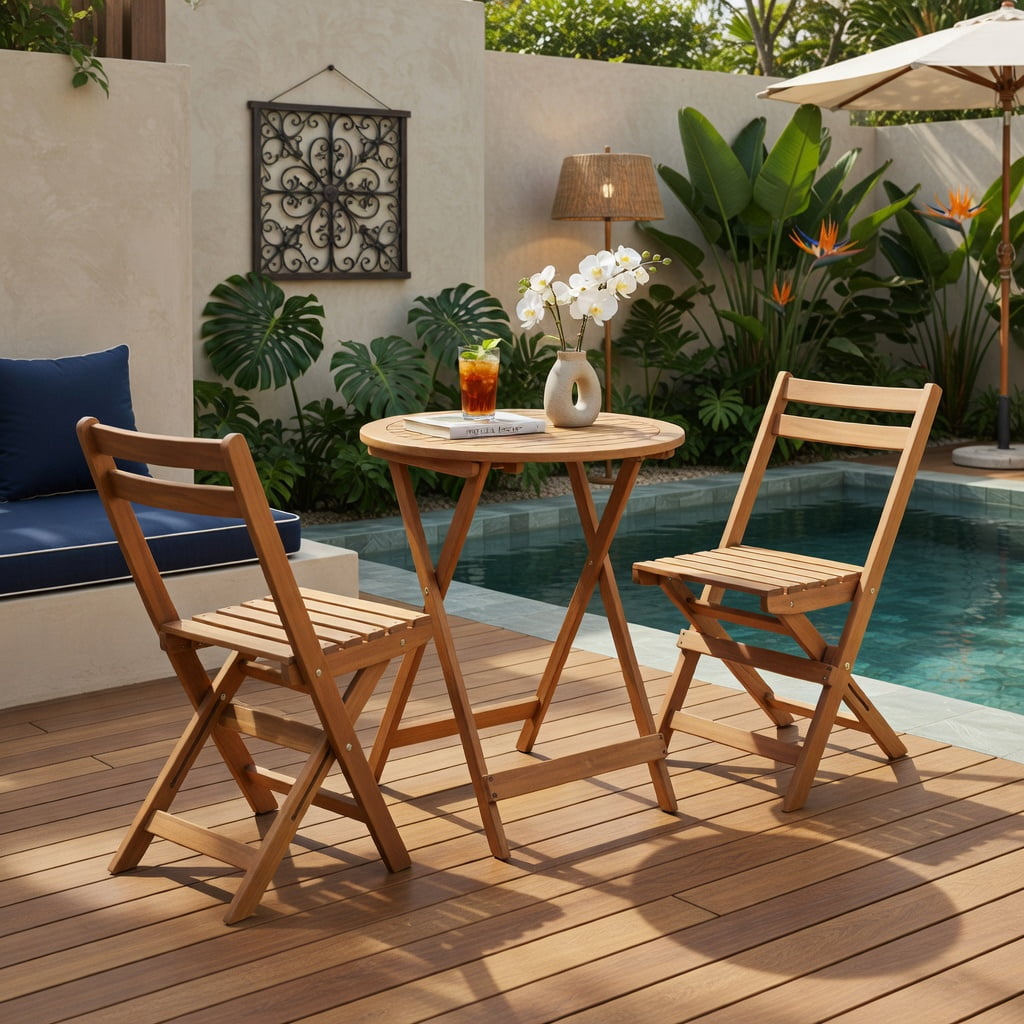 Hommoo 3-Piece Foldable Acacia Wood Patio Bistro Set, Slatted Table & Comfort-Curved Chairs for Poolside, Garden & Small Outdoor Spaces, Natural