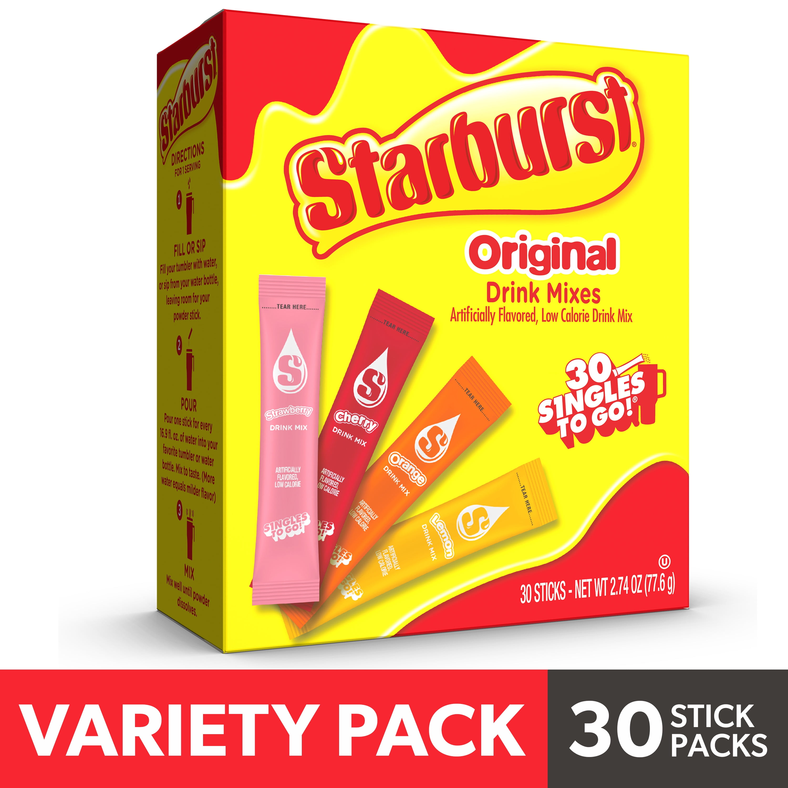 (6 pack) Starburst Zero Sugar Variety pack Singles To Go Powdered Drink Mix, Original, 30 Count Packets