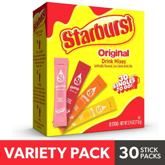 Starburst Zero Sugar Variety pack Singles To Go Powdered Drink Mix, Original, 30 Count Packets