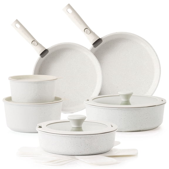 SENSARTE 17-Piece Nonstick Cookware Set with Detachable Handle, White Healthy Pots and Pans Set,Induction Compatible, Dishwasher/Oven Safe, Healthy Cooking Set for RV & Camping