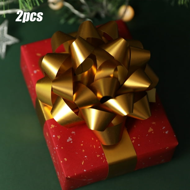 Juego de 2 Cajas de Regalo con Cinta Decorativa y Flores | Adornos de Lazo de Pvc Mate En Forma de Estrella de 12 Cm de Diámetro | Accesorios Festivos En Rojo y Dorado para Navidad, Año Nuevo y Cumpl