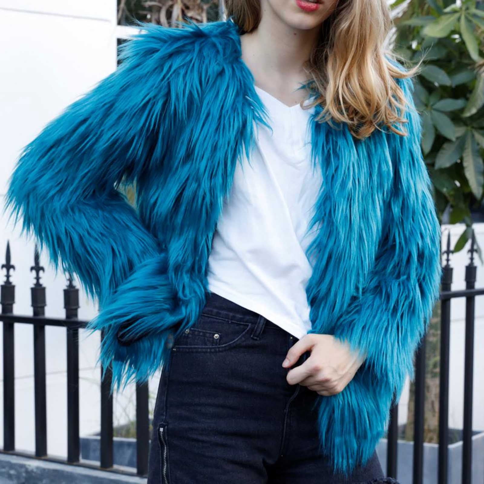 Sinpiling Womens Faux-Fur Coats Plus Size XS-4X Long Sleeve V Neck Zipper Up Jackets Ladies Trendy Solid Warm Cropped Outerwear Coat