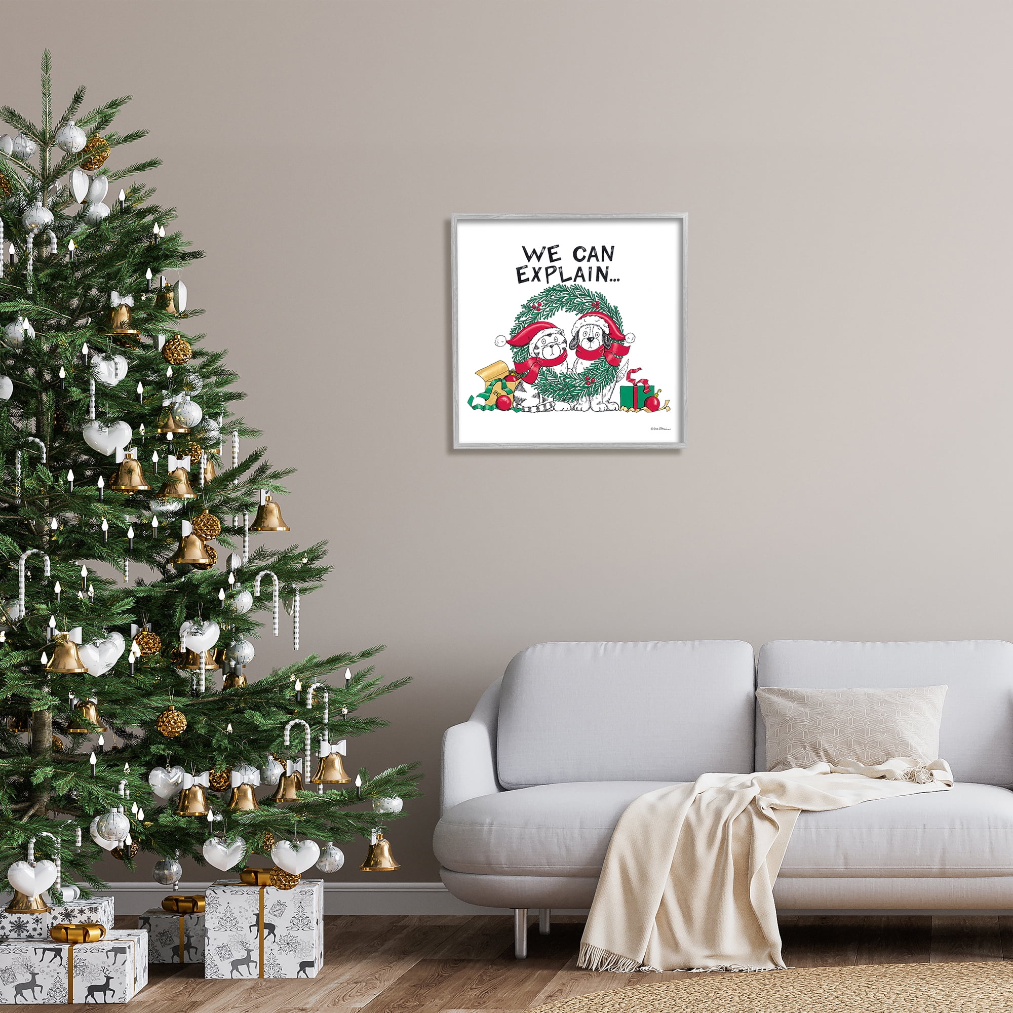 Stupell Industries Cat & Dog Christmas Humor Holiday Painting Gray Framed Art Print Wall Art, 24 x 24
