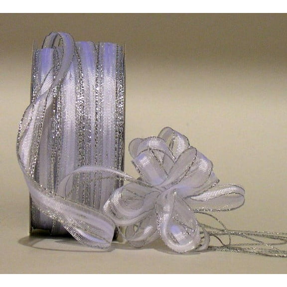 Ribbon Bazaar Center Stripe Sheer Pull Ribbon 3/8 inch White (Silver Edge) 50 yards