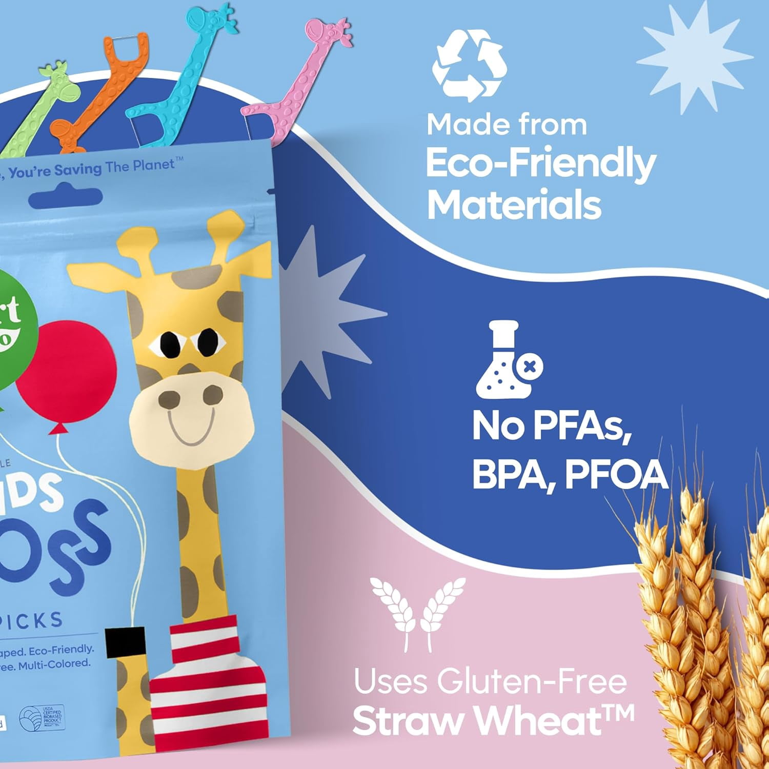 Eco-Friendly Children's Dental Floss Sticks (200 pieces) - made from straw and wheat, fluoride-free and no fraying floss, odorless, suitable for children's teeth