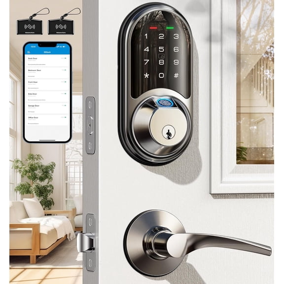 Veise RZ07B Fingerprint Smart Lock with 2 Lever Handle Set, Satin Nickel App Control, Remote Access Sharing, Fob Access, Auto Lock, Touchscreen Keypad Deadbolt, for Front Door, Easy Installation
