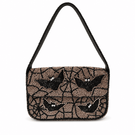 Halloween Beaded Bag, Bat and Cobweb Crossbody Purse with Sparkle Bead Embroidery, Spooky Shoulder Bag for Women, Party Costume Accessory