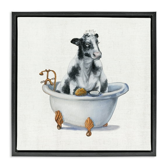 Stupell Industries Dairy Cow in Bathtub Animals & Insects Painting Black Floater Framed Canvas Art Print Wall Art, 25 x 25