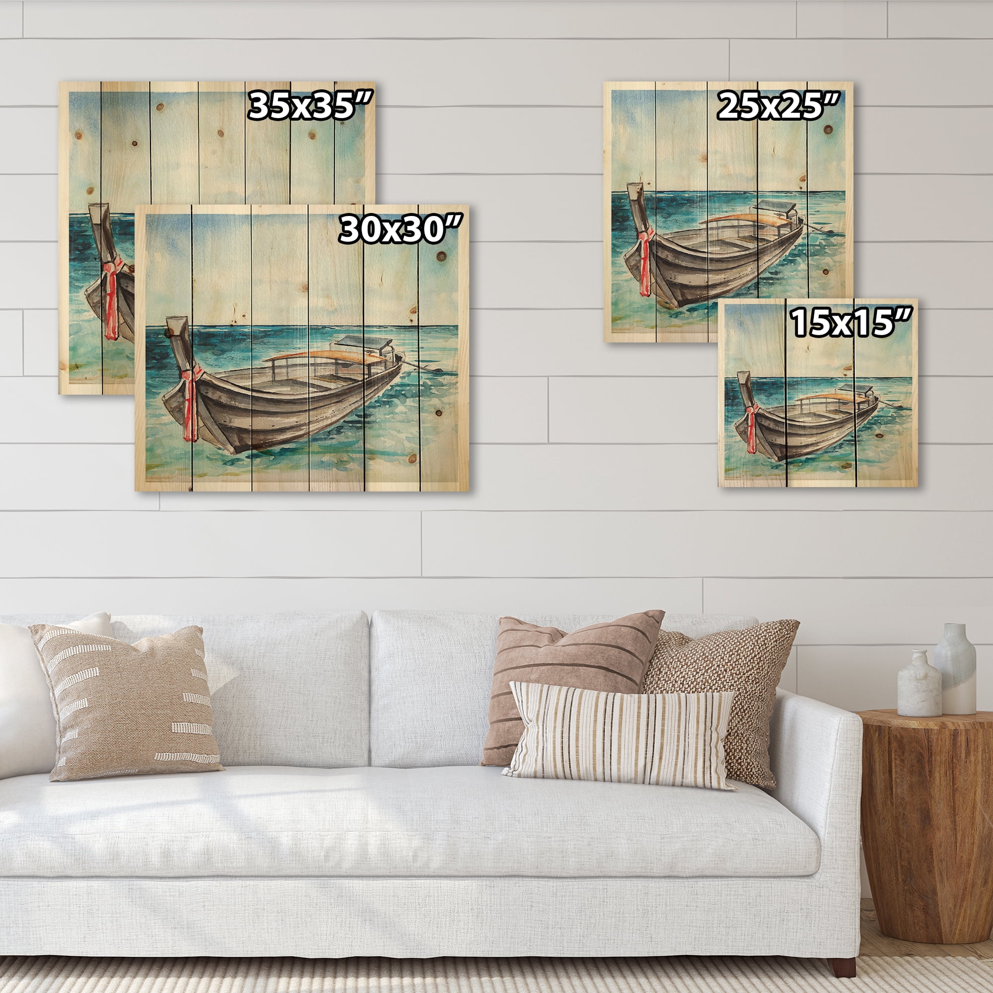 Designart 'Little Boat At The Lake Shore' Nautical & Coastal Print on Natural Pine Wood