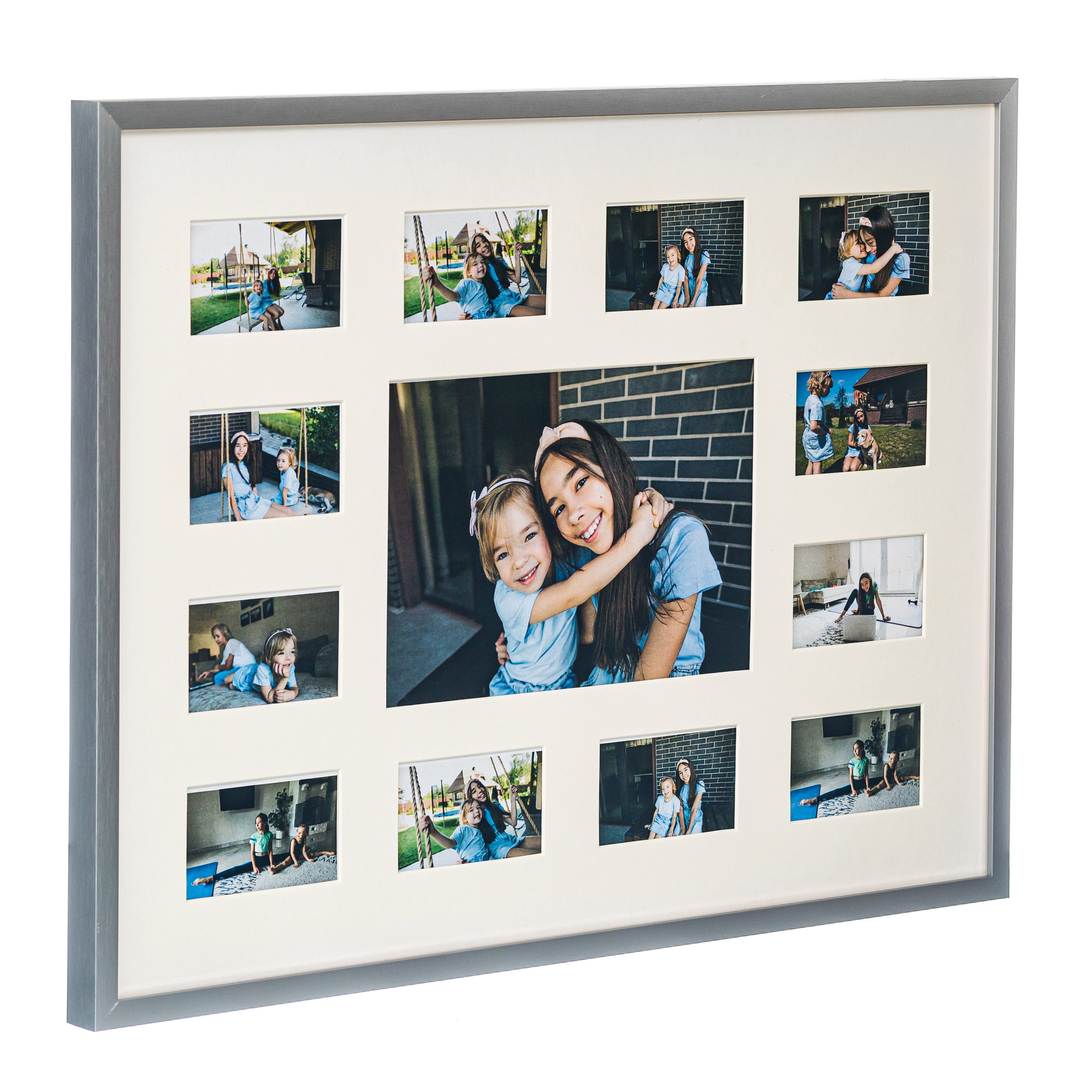 School Years Aluminum Metal Collage Picture Frame - Displays One 5x7 Photo and Twelve 2.5x3.5 Openings, K-12 Keepsake Silver