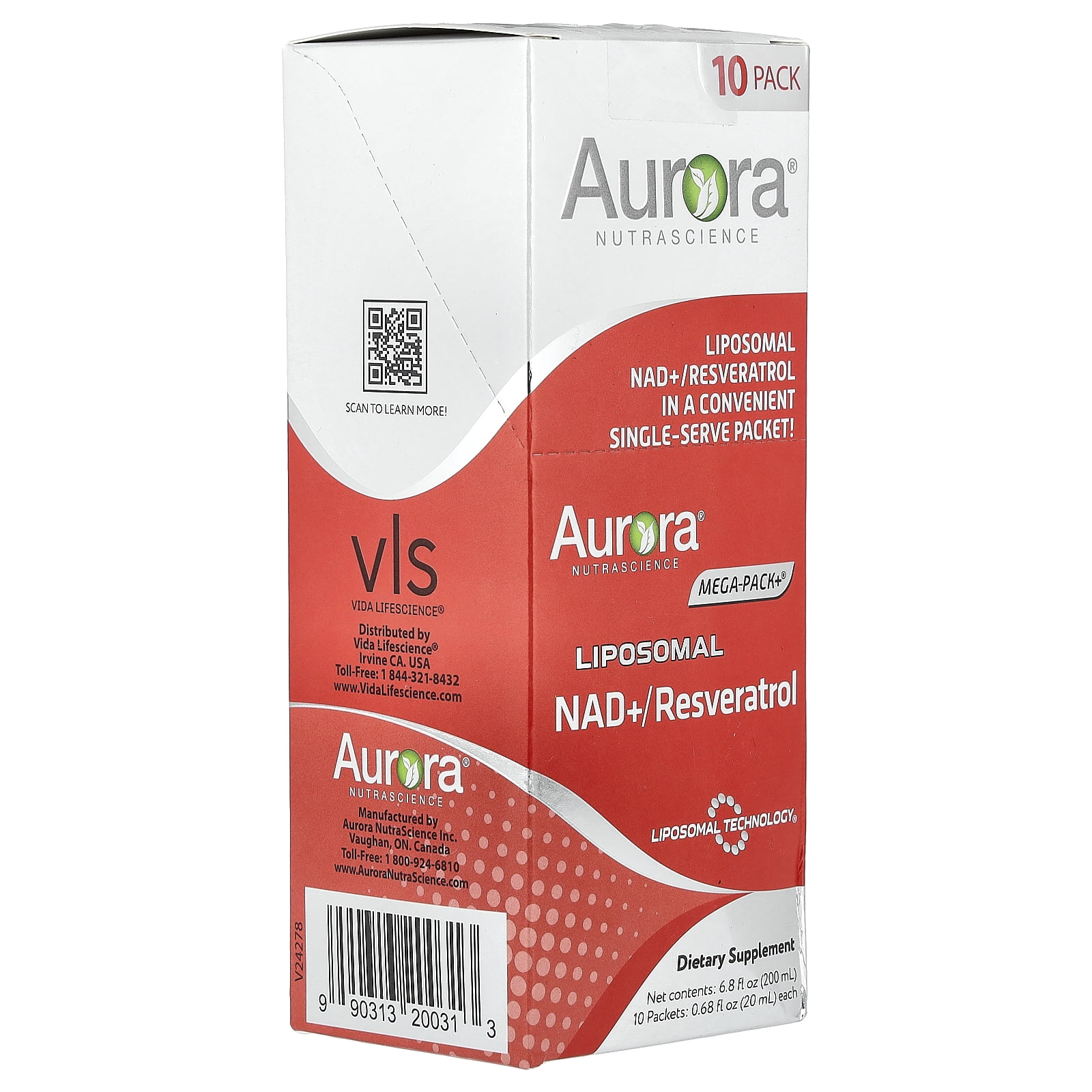 Aurora Nutrascience Mega-Pack+®, Liposomal NAD +/ Resveratrol, 10 Packets, 0.68 fl oz (20 ml) Each