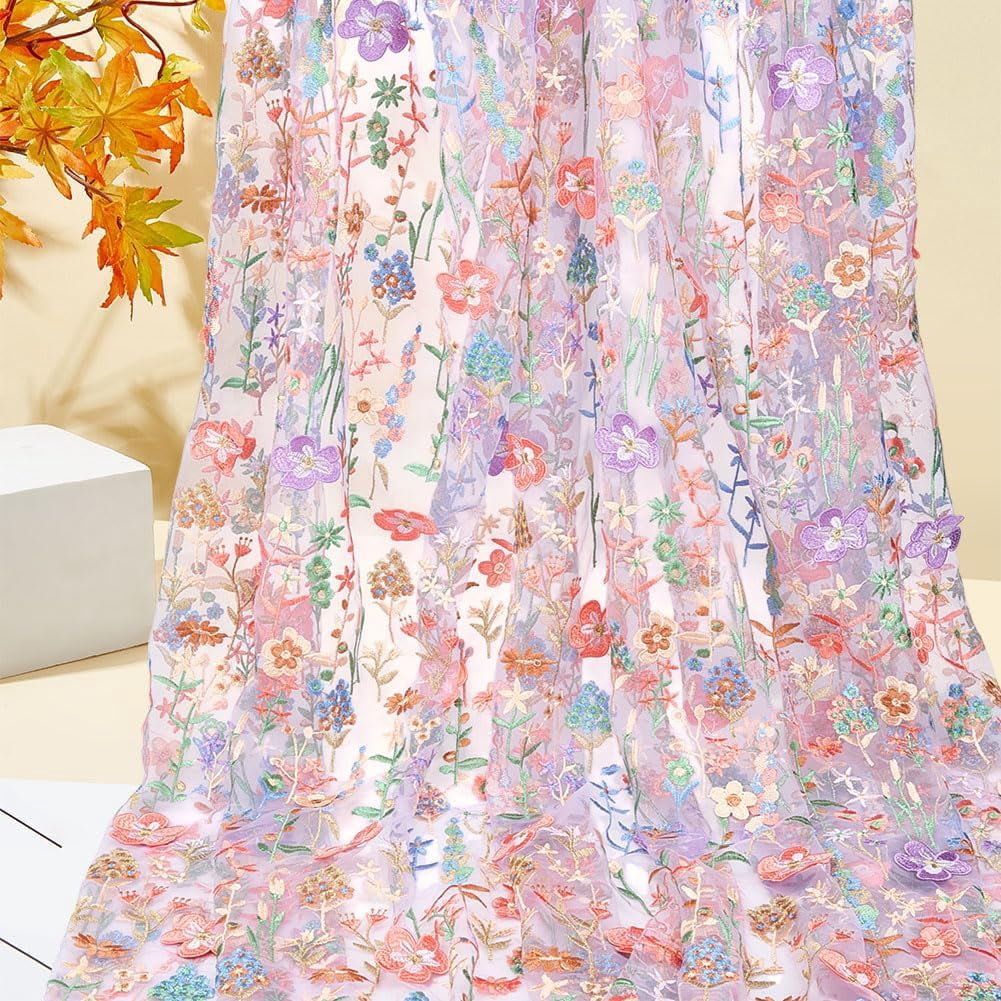 2 Yards×63 Inch Colorful Flower Embroidered Lace Fabric Floral Embroidery Mesh Fabric French Sewing Lace Trim Fabrics for Wedding Party Dresses Curtains Home Decoration