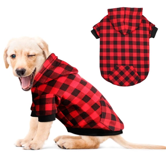 Red Plaid Dog Hoodie Sweater for Large Dogs Pet Clothes with Hat and Pocket(L)