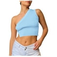 thumbnail image 2 of Summer Saving Wycnly Summer Tank Tops Plain Slash Neck Sleeveless T Shirts for Women Ladies Solid One Shoulder Knitted Ribbed Cropped Tops Vest Light Blue m Clearance Under $5, 2 of 6