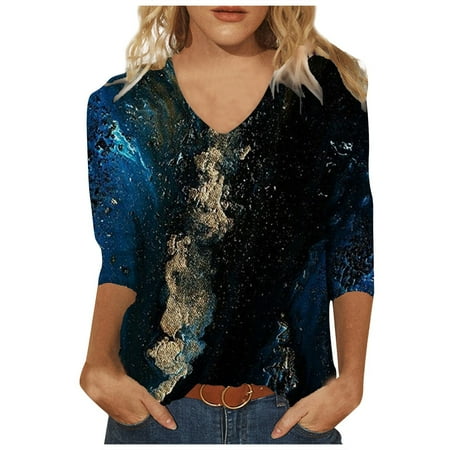 

Womens V Neck Tops Printed Marble Loose Fit Shirts Bracelet Sleeve Daily Summer Fall 3/4 Sleeve Casual Tunic Tops Camisas