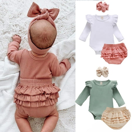 

Infant Baby Girl Solid Clothes Romper Jumpsuit + Ruffle Shorts + Headband Outfits