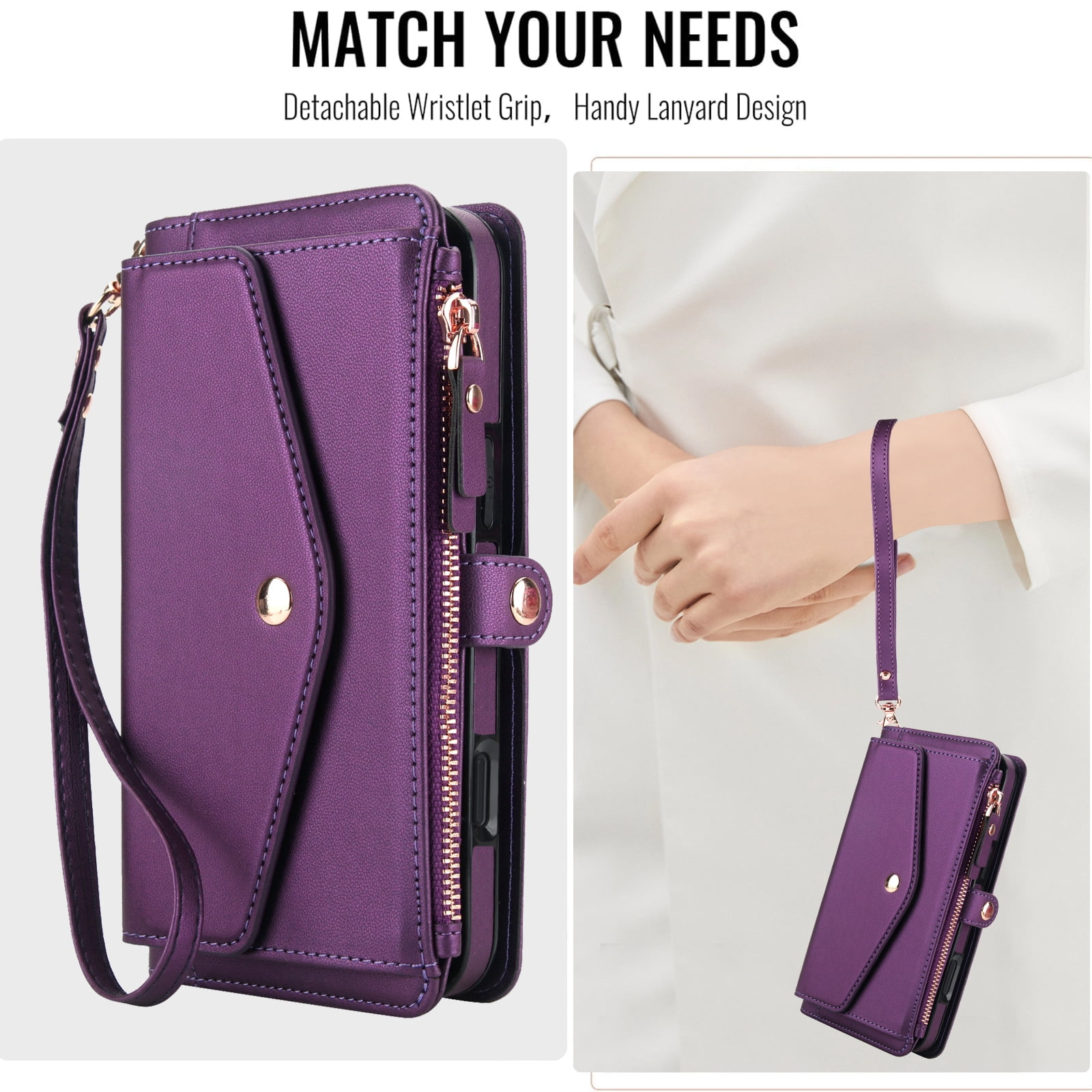 Designed for iPhone 15 Pro Multi-Function Wallet Phone Case,With Shoulder Strap&Wrist Strap,Cash Pocket&Card Slots,Zipper Purse,Magnetic Detachable PU Leather Flip Phone Case,Purple