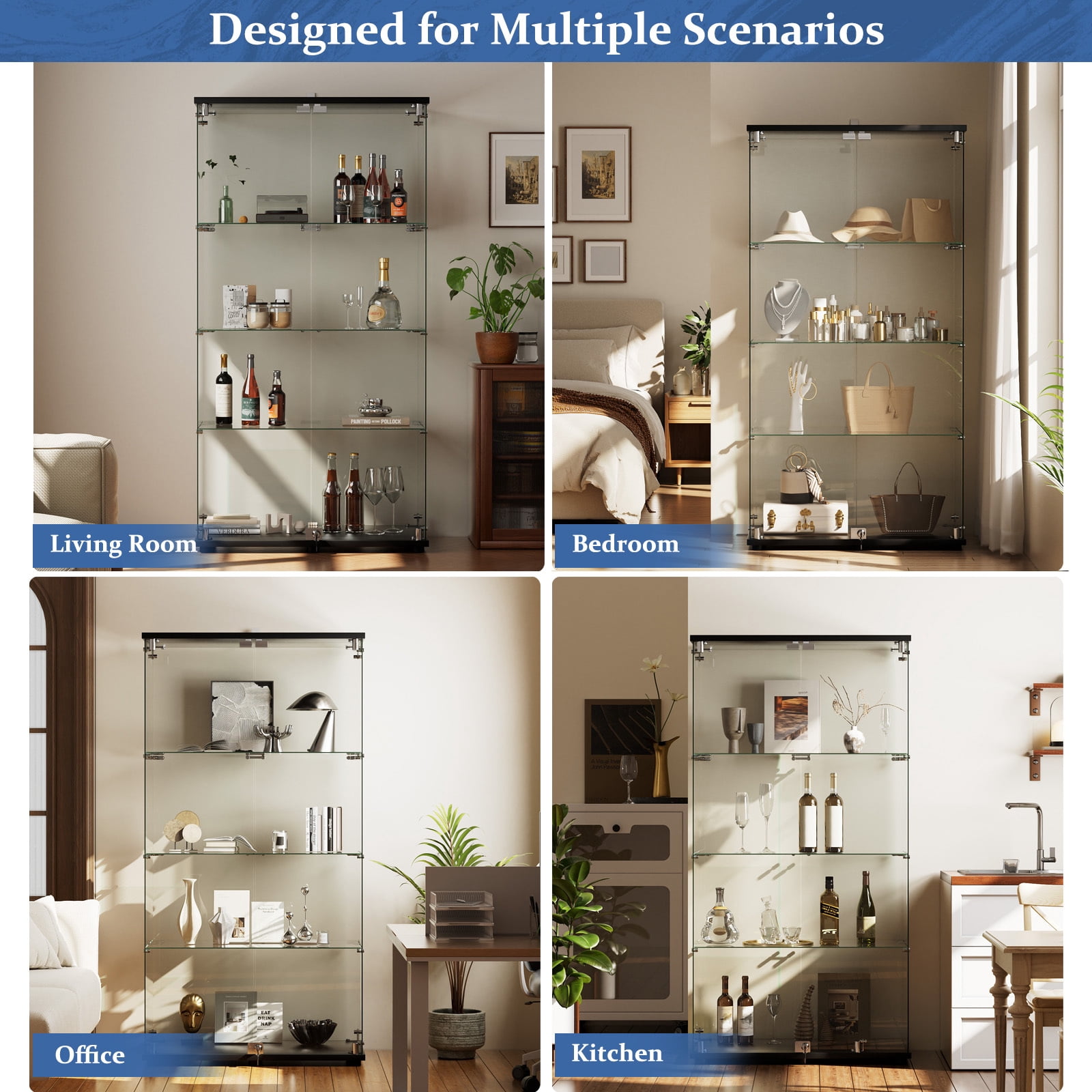 Easy4Home 4-Shelf Glass Display Cabinet with Lock, 64"H Freestanding Curio Display Showcase for Collectibles with Double Glass Door, Black
