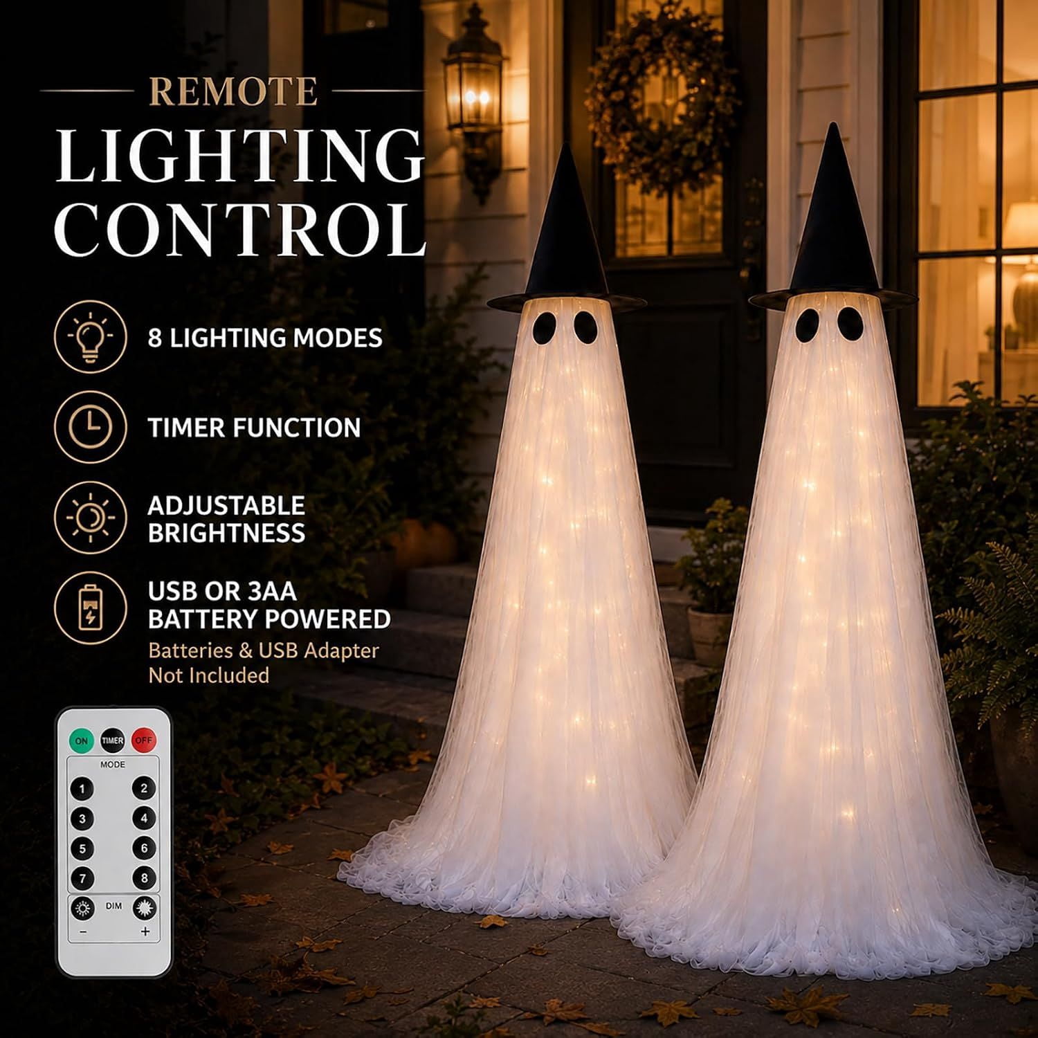 Lighted Halloween Ghost Decorations, 2 Pack, 5 ft Tall, 8 Lighting Modes with Timer, Battery or USB Powered, Porch and Lawn Outdoor Holiday Decor