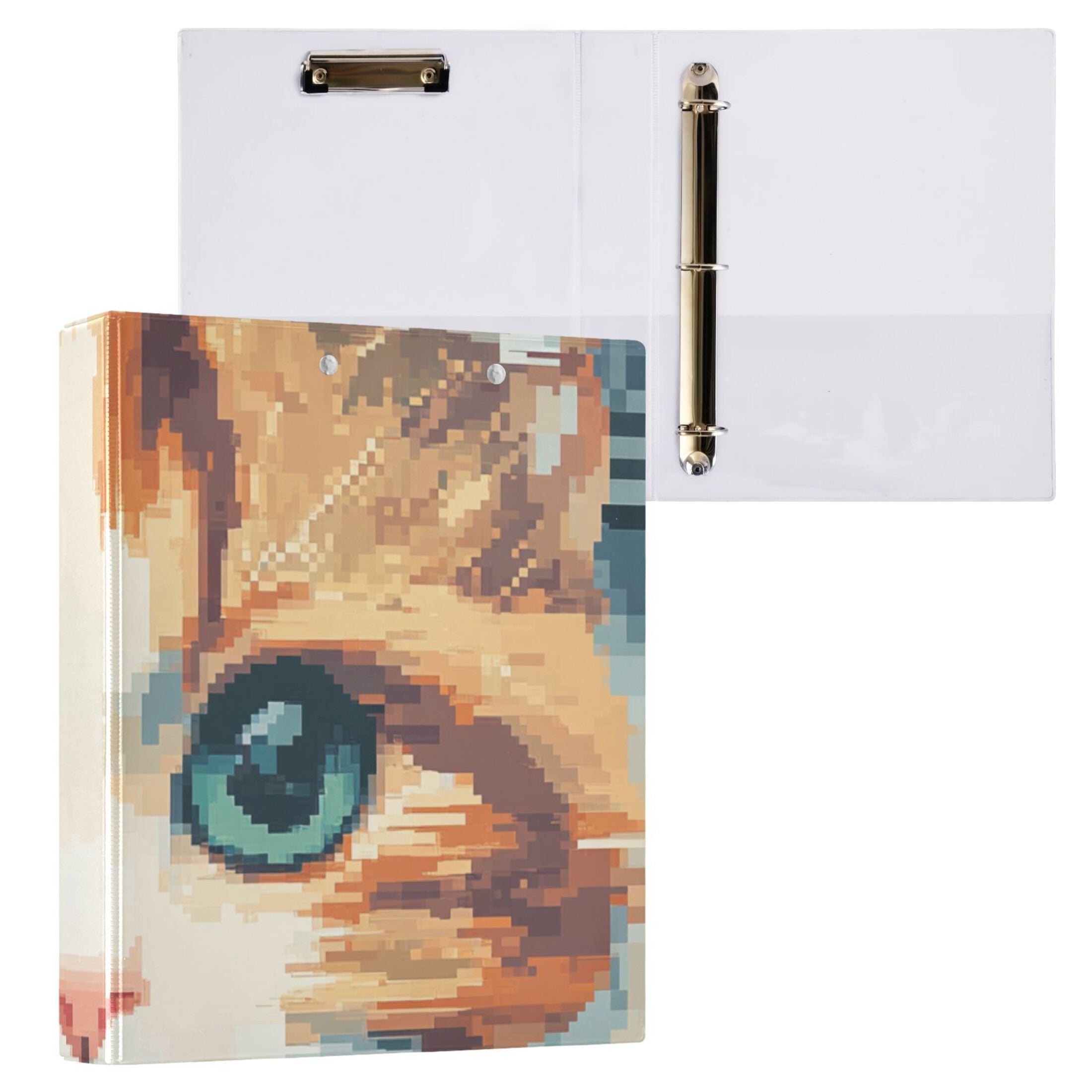 Cat Pixel 3 Ring Binders 1.5 inch Hardcover File Folders with Interior Pockets A4 Size Organizer for School Office Hospital