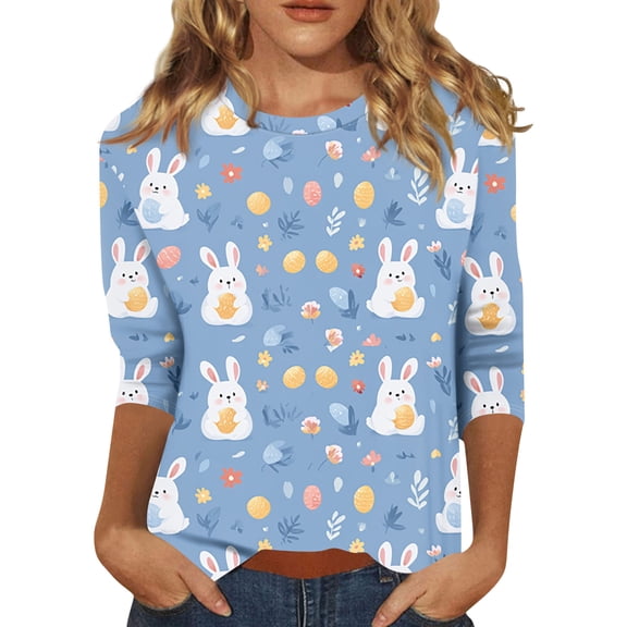 Womens Easter Shirts Crew Neck Colored Eggs Print Shirts 3/4 Length Sleeve Family Gifts Casual Tops Loose Fit Soft Dressy Tee, #01 Royal Blue, XL