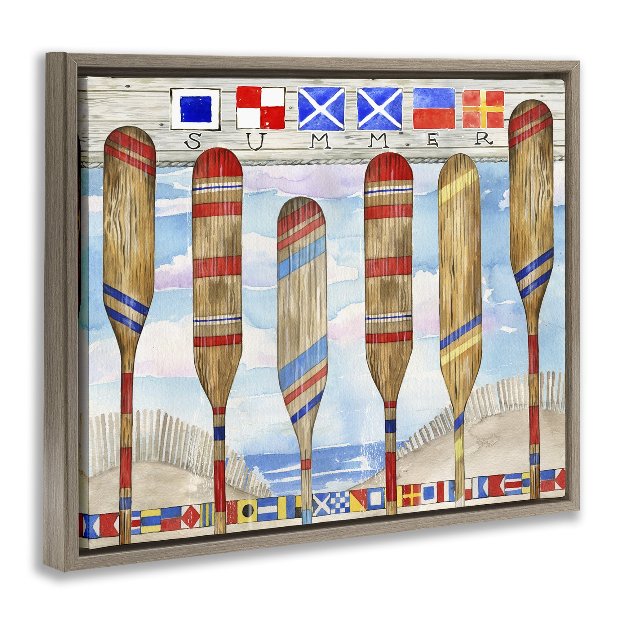 Stupell Industries Nautical Flags & Paddles Nautical & Beach Painting Brown Floater Framed Canvas Art Print Wall Art, 21 x 17