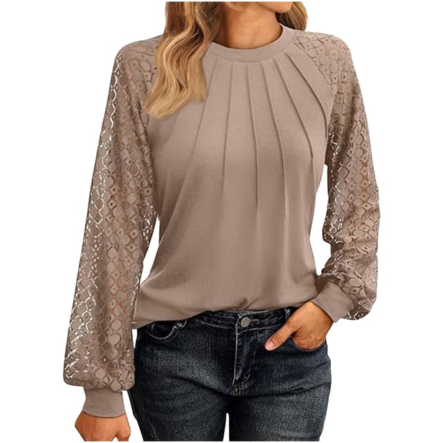 MeetoTime Hauts pour Femmes en Dentelle Manches Longues Plissés Col Rond Chemises Habillées Décontractées Blouses de Travail