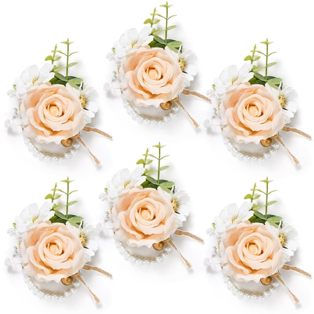 Juego de 6 Corsages de Muñeca con Rosas Champagne Serwalin para Bodas y Promociones