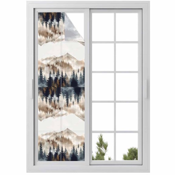 Tan Trees Forest Window Privacy Film, Mountain Woods Natural Scenery Static Cling UV Sun Blocking Heat Control Window Tint Day and Night, Non-Adhesive One Way Windows Privacy Cover 17.7''x78.7''