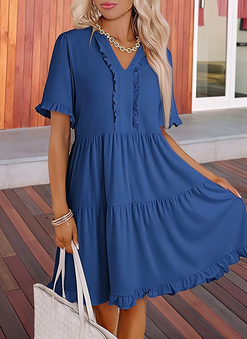 Womens Dresses 2025 Summer Spring V Neck Short Sleeve Casual A Line Flowy Swing Shift Dress Mini Dress Blue XL