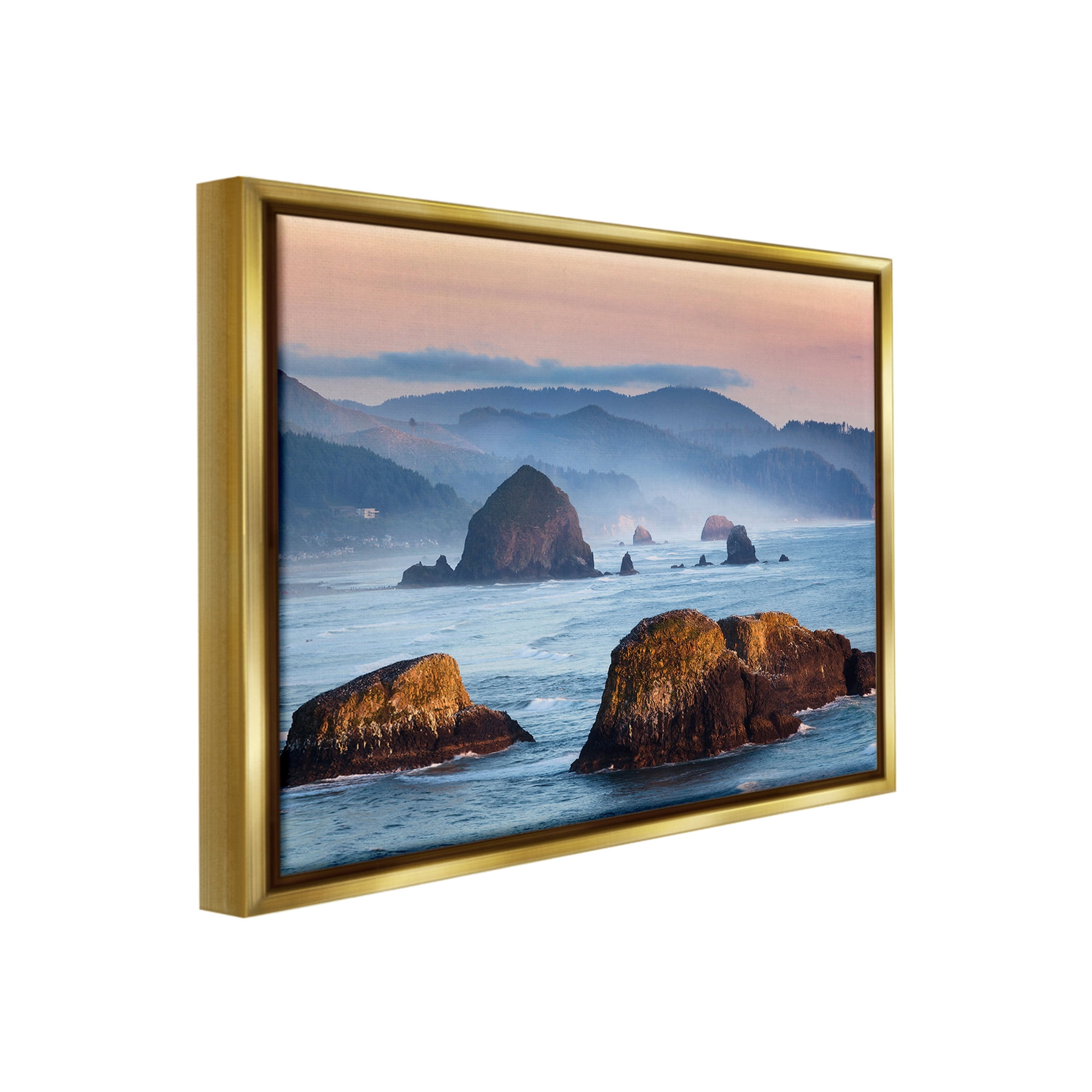 Stupell Industries Ocean Cliffs with Mountains Landscape Photography Gold Floater Framed Canvas Art Print Wall Art, 21 x 17