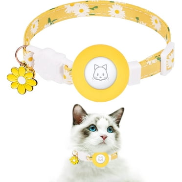 Airtag Cat Collar, Kitten Collar Breakaway with Silicone Airtag Holder, Bells & Flower Charm for Girl Cats Boy Cats Small Dogs(Yellow)