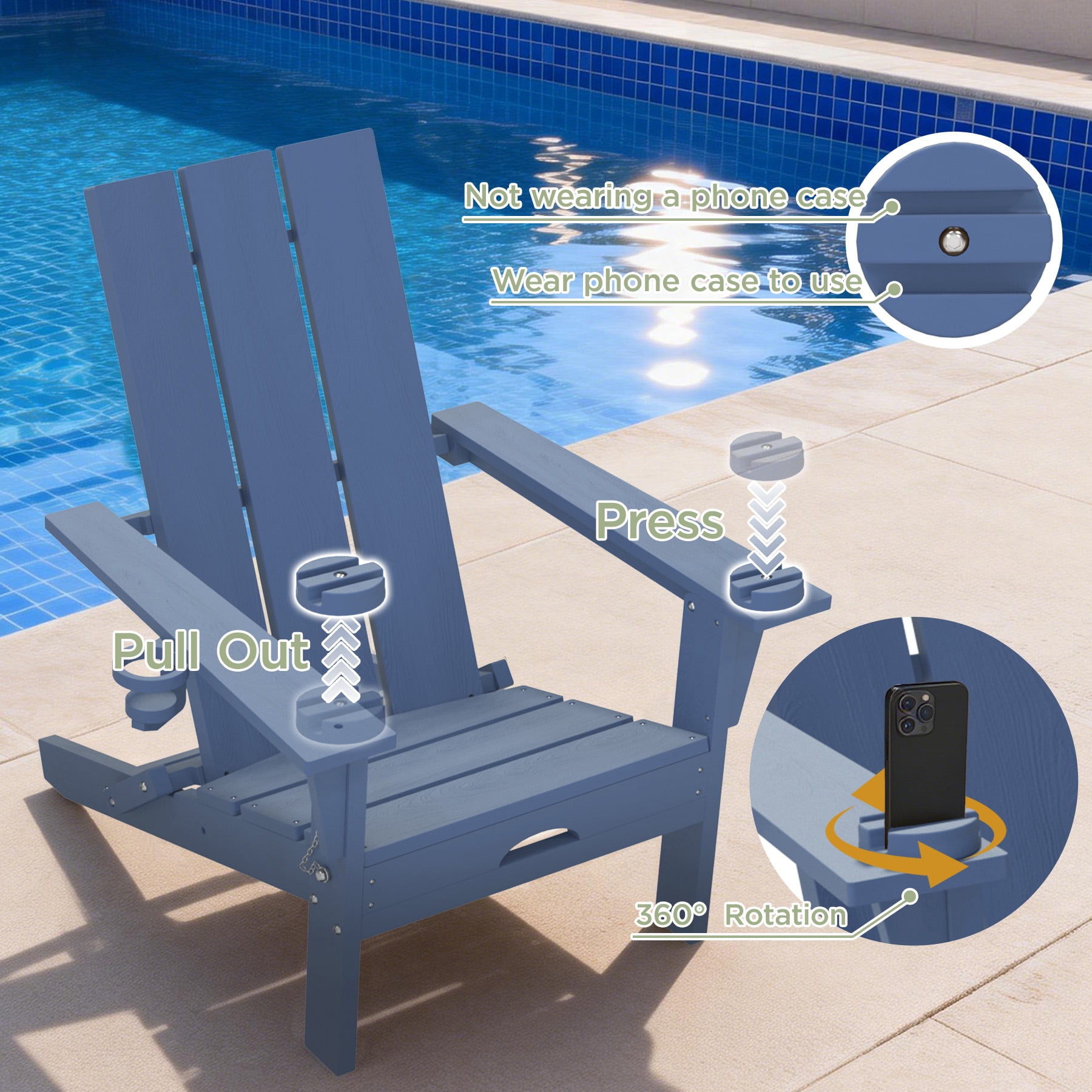 Tappio Folding Adirondack Chair Set of 2, All Weather HDPE Outdoor Patio Chairs with Detachable Multifunctional Holders and Cup Holders, Fire Pit Chairs for Yard Garden Poolside, Blue