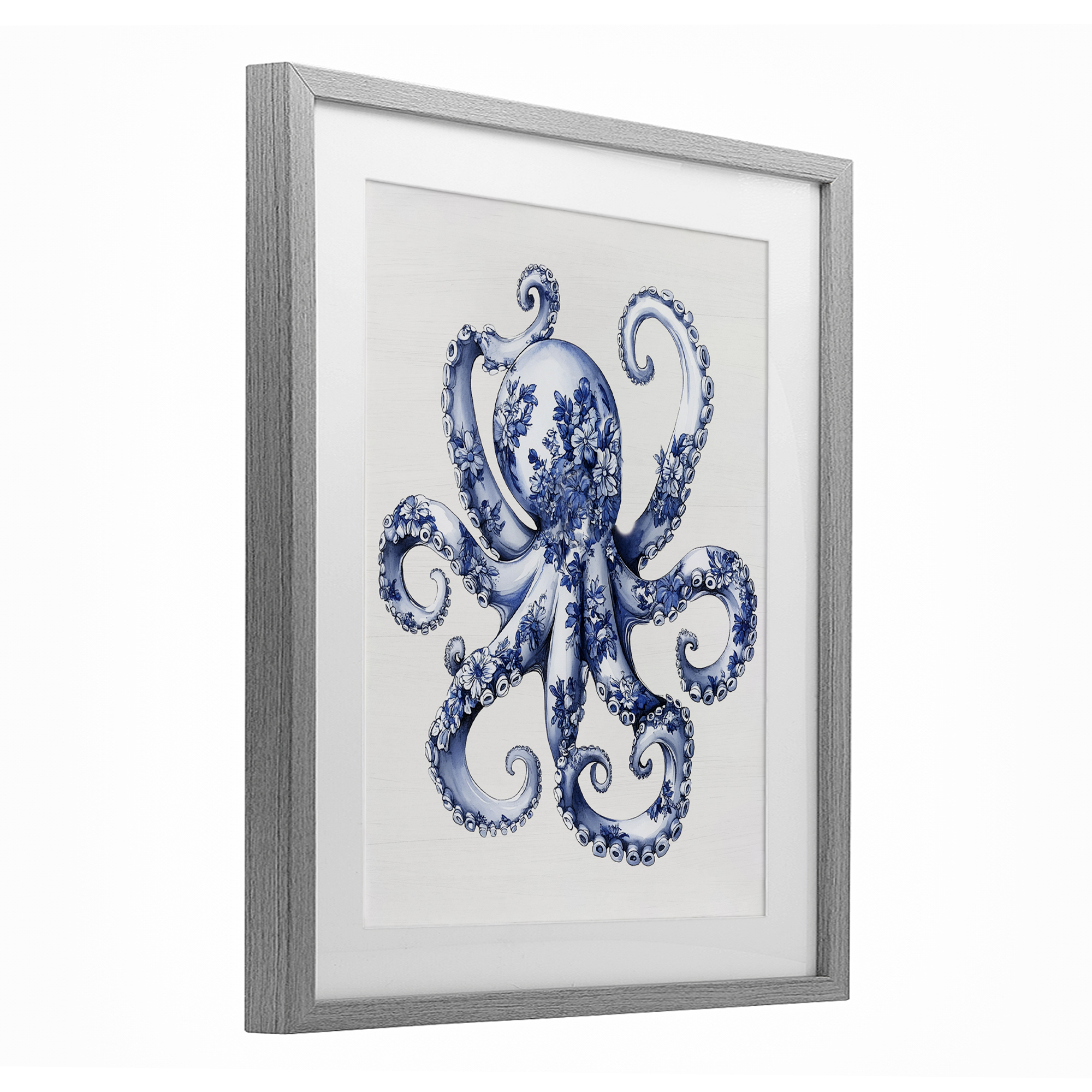 Funky Toile Octopus Gray Framed Print Under Glass, design by Lettered and Lined