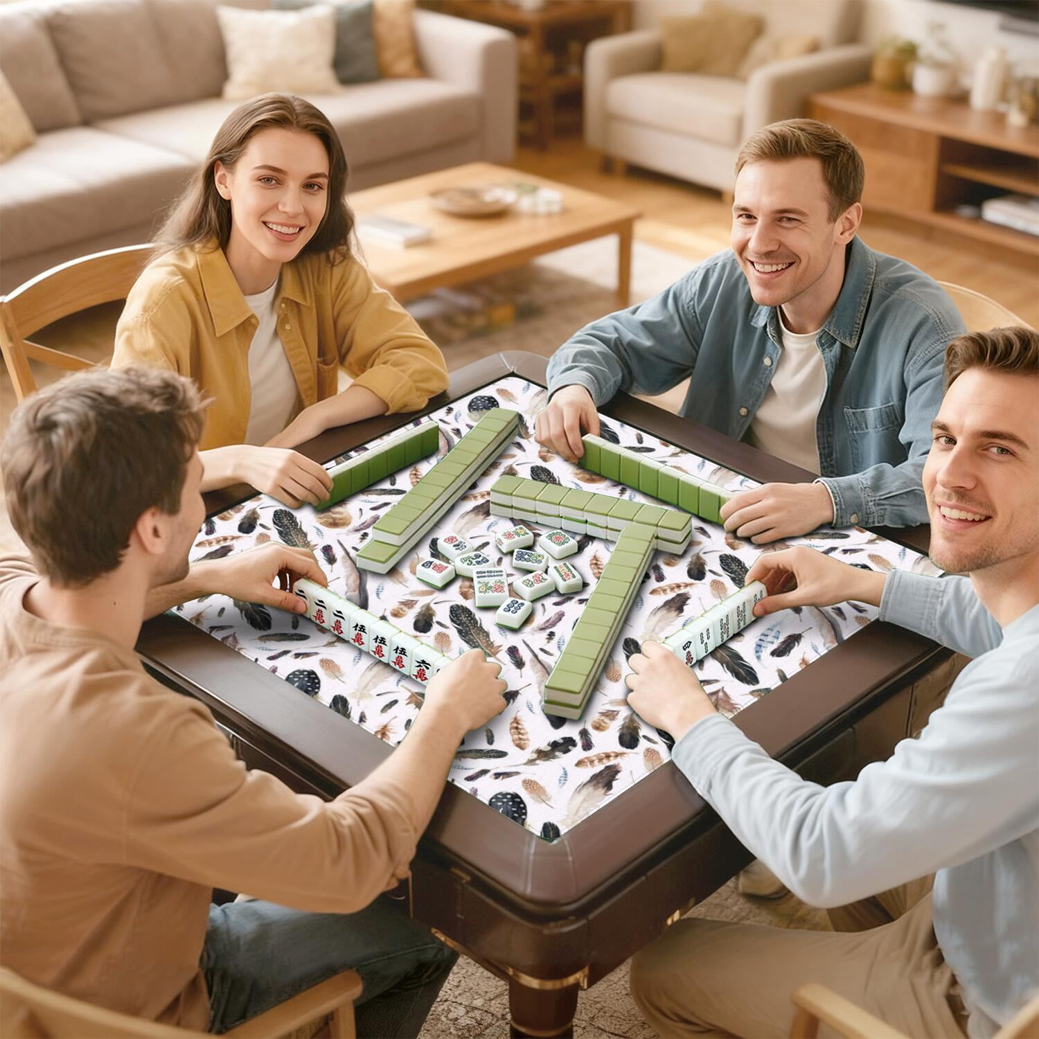 Boho Print Anti-Slip Rubber Game Table Mat 31.5 Inch Square Extra Large Mahjong Pad with Quiet Surface for Playing Tiles Cards and Family Fun