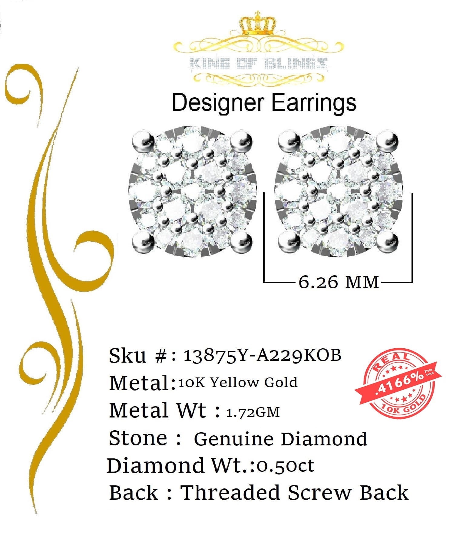King of Bling's 10K Real Yellow Gold Real Diamond 0.50CT Men's/Women's Stud Round Earrings