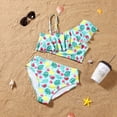 thumbnail image 2 of Xmarks Family Matching Swimsuits Mommy and Me Two Pieces Ruffled Bikini Set One Shoulder Swimwear, Dad and Son Swim Trunks, Tropical Print Matching Family Bathing Suits, 2 of 6