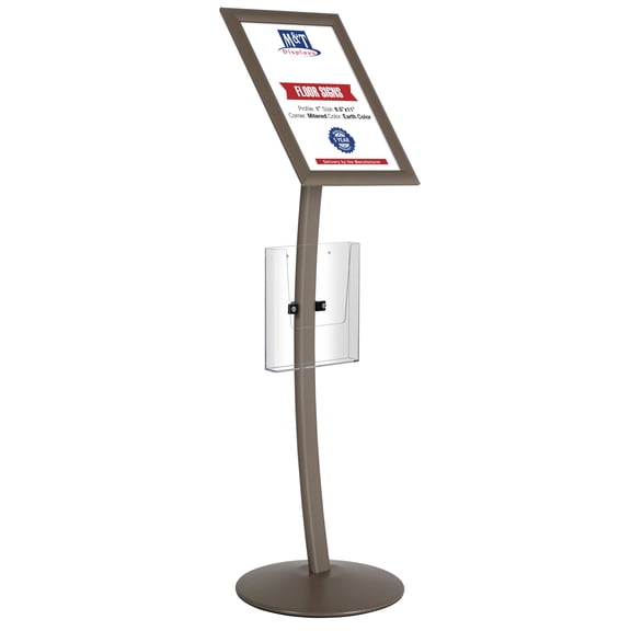 M&T Displays Curved Menu Board, 11x17 Inch Pedestal Sign Holder with 8.5x11 Inch Brochure Holder Earth Color Floor Standing Aluminum Front Loading Easy Open Poster Message Advertisement Post