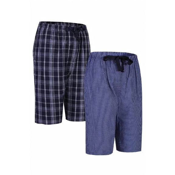 GLOBAL Men's Cotton Yarn Pajamas Shorts - Plaid Pajama Shorts for Men - PJ Bottoms with Pockets, 2-Pack