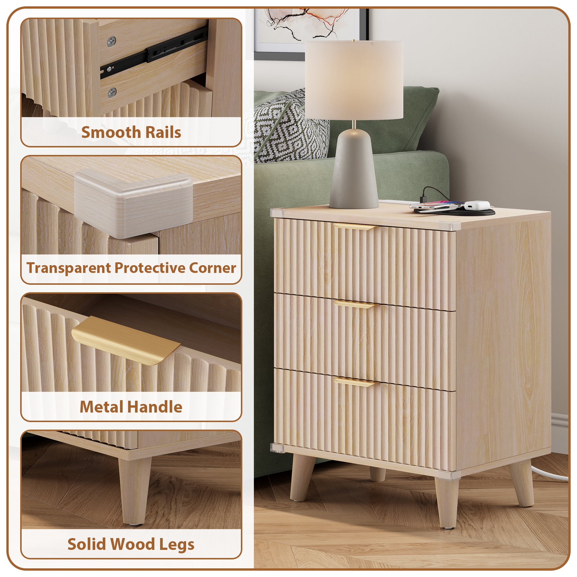 GIKPAL Night Stands for Bedroom, Modern Bedside Table with 3 Drawers & Charging Station,Fluted Panel End Tables for Bedroom & Living Room, Natural