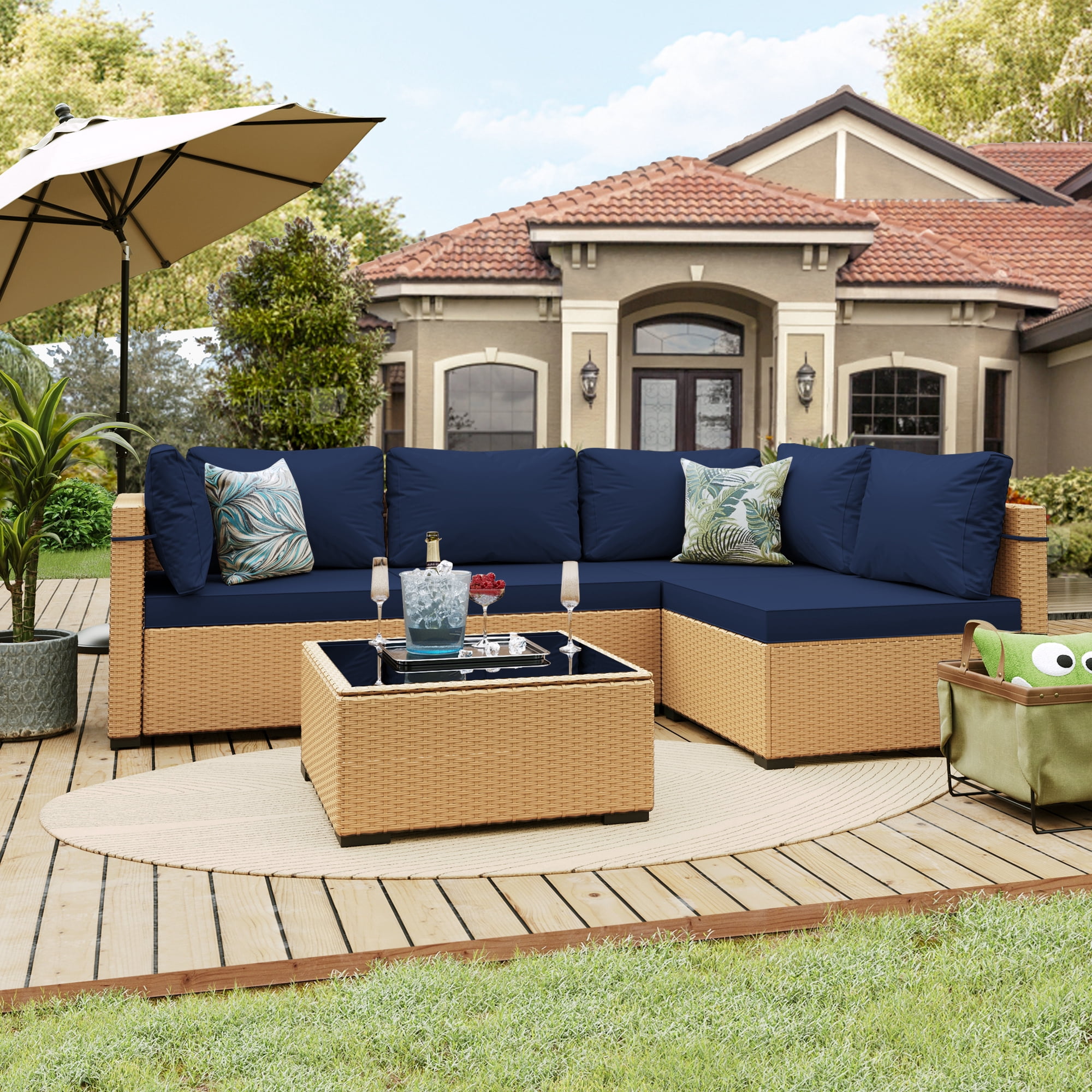 UPHA 5 Pieces Outdoor furniture Sets Patio Sectional Couch Wicker Conversation Sofa for Pools Outside, Gardens, Decks, Yellow Rattan, Navyblue Cushion