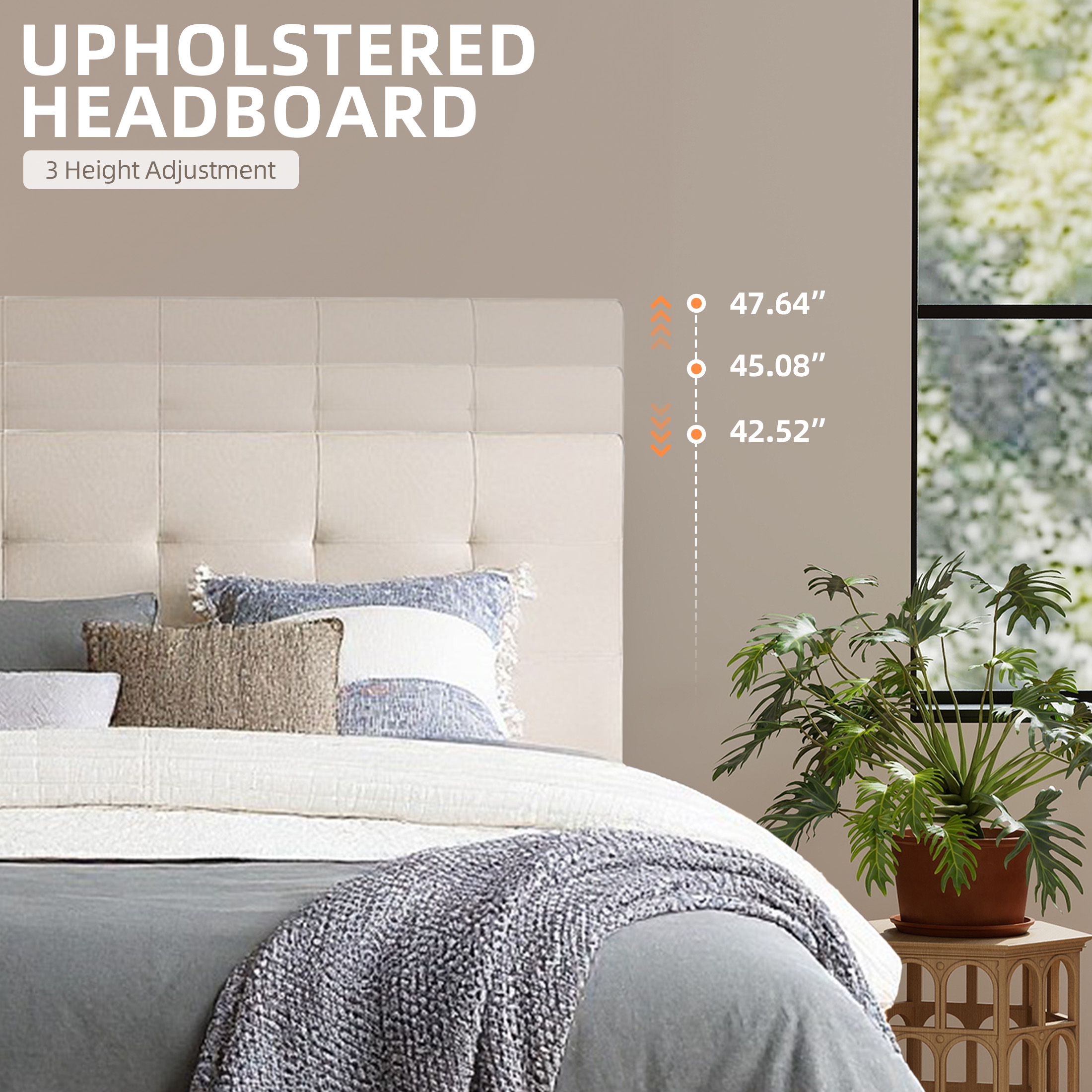 AENKYO Twin Size Upholstered Platform Bed Frame, Tufted Low Profile Design with Adjustable Headboard, Beige