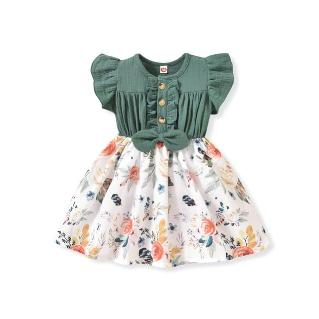 Faithtur Baby Girl's Summer Patchwork Dress Bowknot Flower Print Ruffle Sleeve Knee Length A-Line Dress