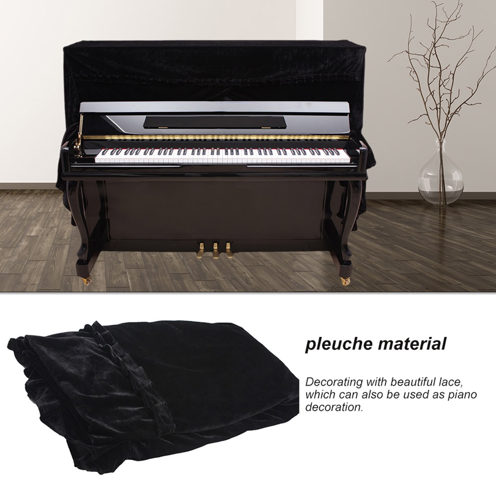 Full Piano Cover, 5 Colors Fashionable Pleuche Upright Piano Cover Piano Dust Cover Instruments Accessory Decoration(Black
