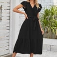 thumbnail image 5 of safuny Clearance Women's Tea Length A Line Dress Floral Print High Waist Elegant Retro Boho Short Sleeve Holiday Summer Beach Square Neck Dress Clothing Black XL, 5 of 6