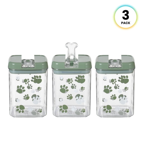 Felli Pet Flip-Tite Treat Storage Container Set, Dog Bone Design, Airtight SAN-plastic, Clear Container with Sage Green Lid, 3-Count