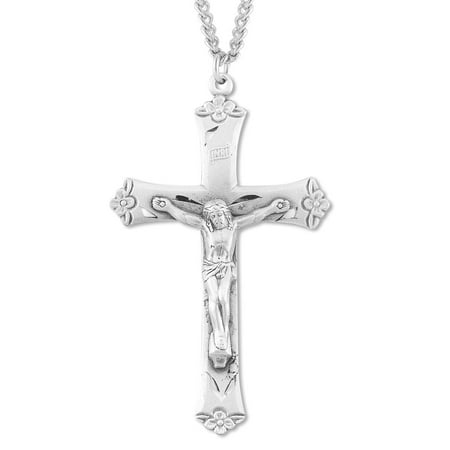 Sterling Silver Floral Pendant - Men's Large Sterling Silver Floral Tip Crucifix Necklace with 24
