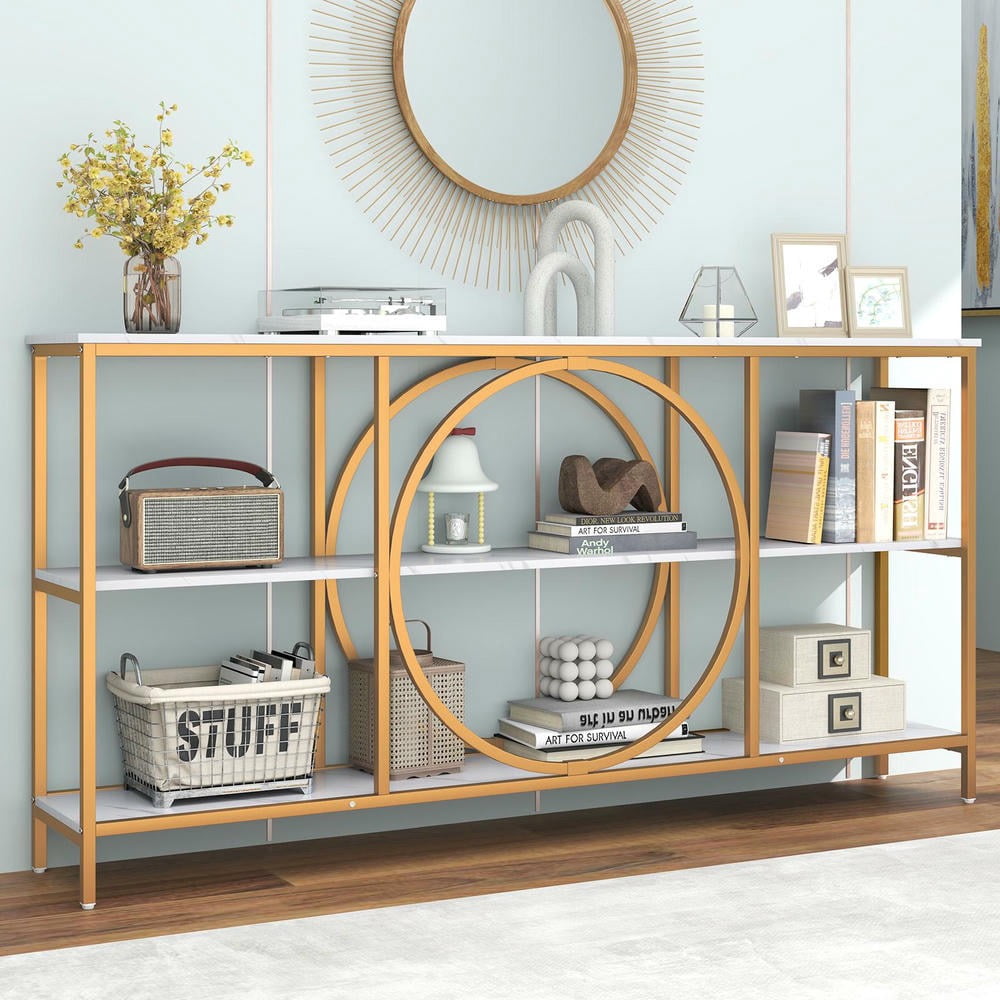 Barara King 3-Tier Console Desk Table with Faux Marble Top and Storage Shelves, Entryway Table for Hallway, Living Room, White
