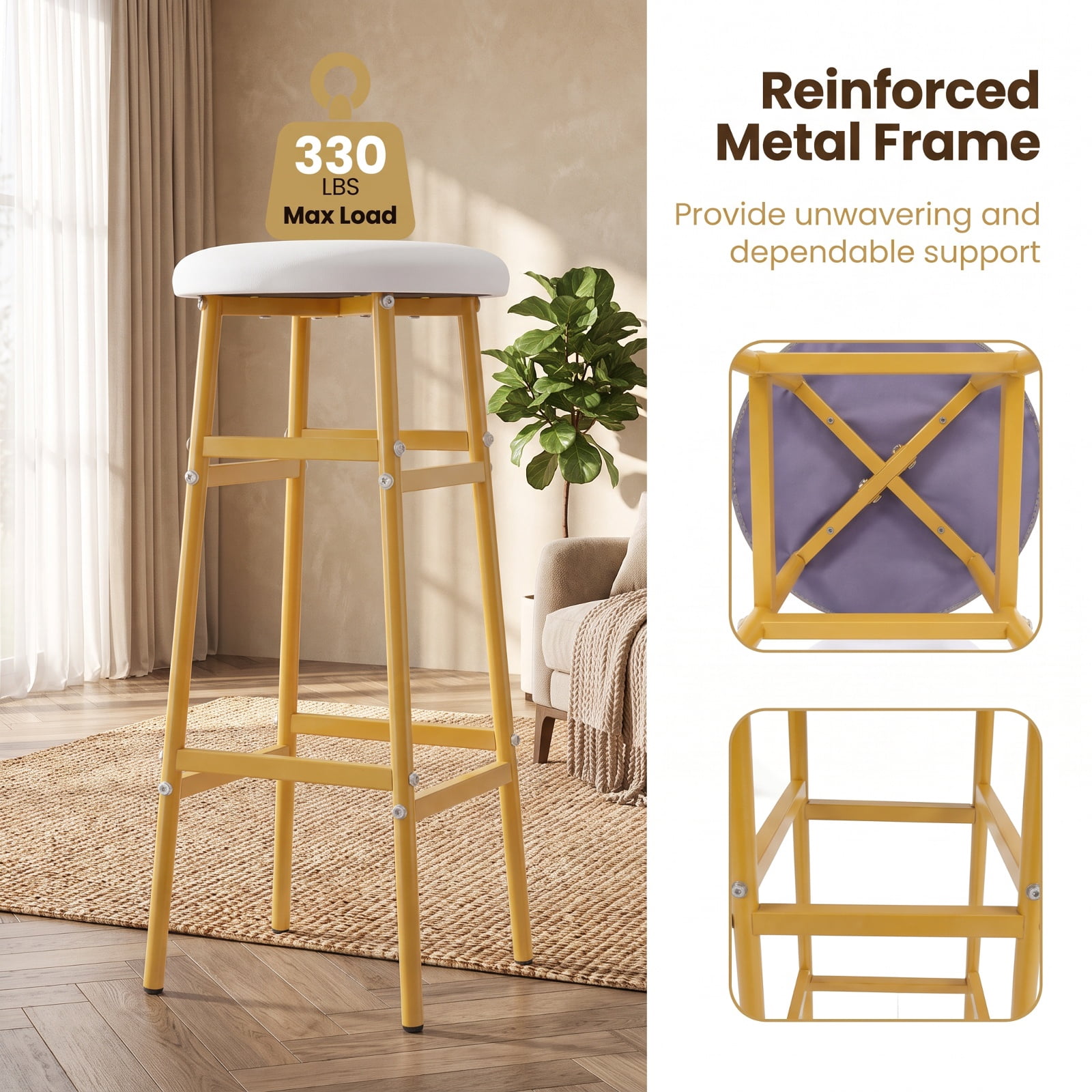 Furnibear Backless Bar Stools Set of 2 Linen Padded Metal Frame with Footrest